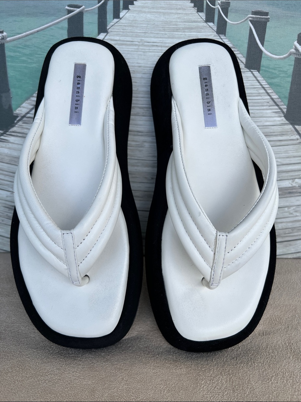 Gianni bini White and Black Padded Platform Thong Sandals